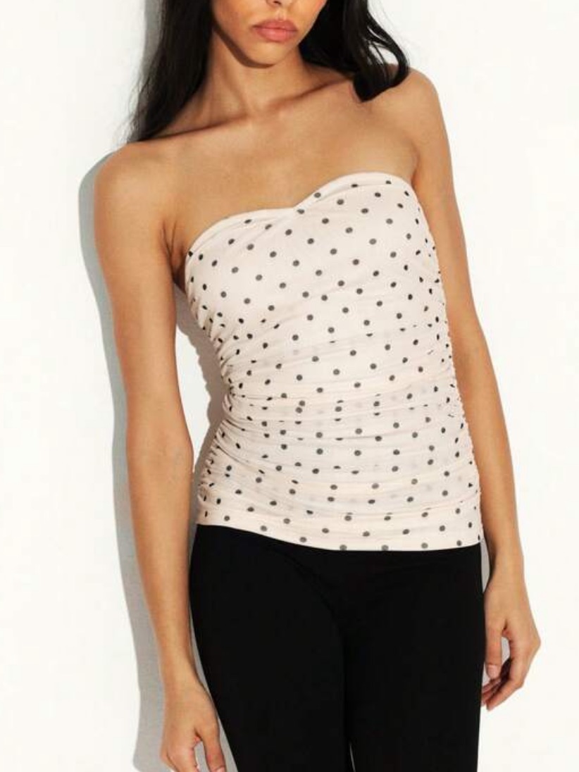 Strapless Polka Dot Ruched Mesh Tube Top - Ivory Off White With Black Gray Dots